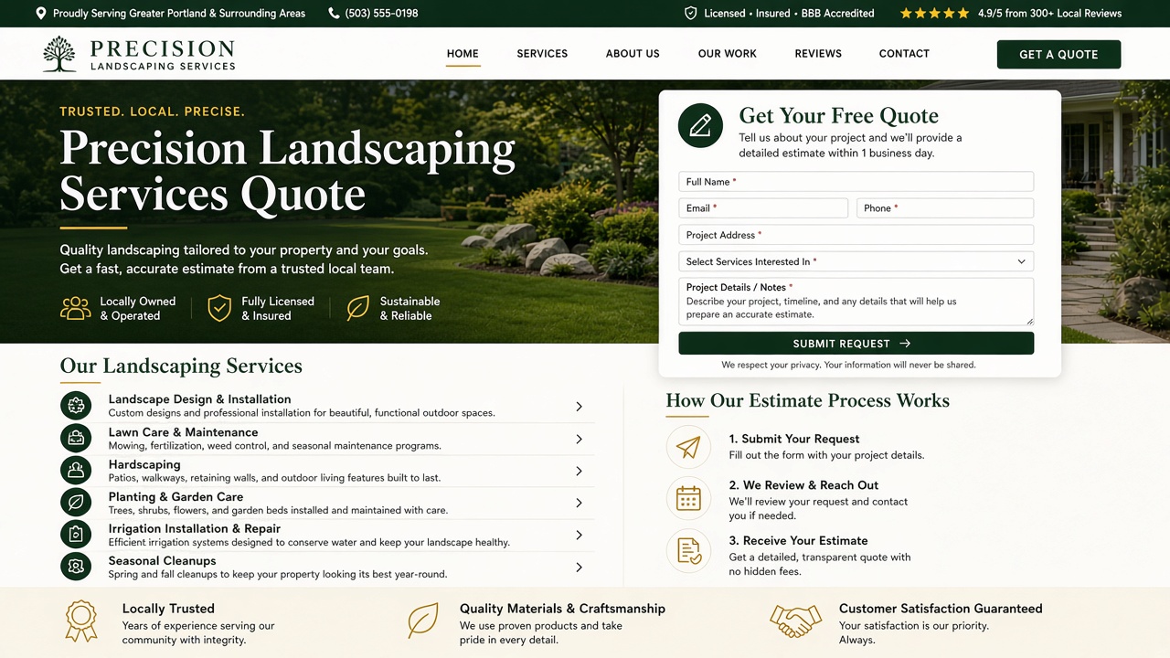Example website concept 3 for precisionlandscapingservices.com — illustrative mockup only
